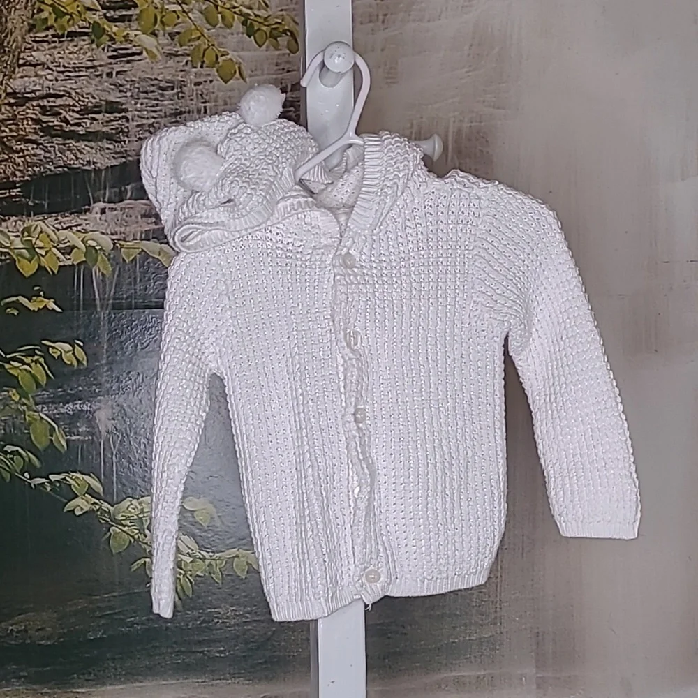 Carter's Baby 12 month knit cotton button up crochet white sweater hoodie set
